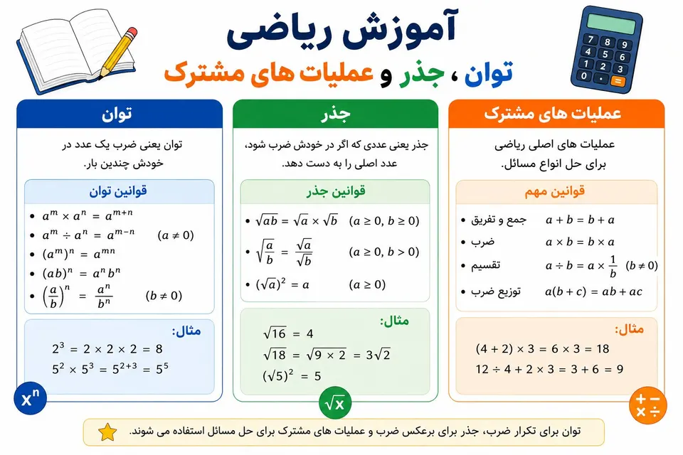 آموزش ریاضی توان، جذر و عملیات های مشترک